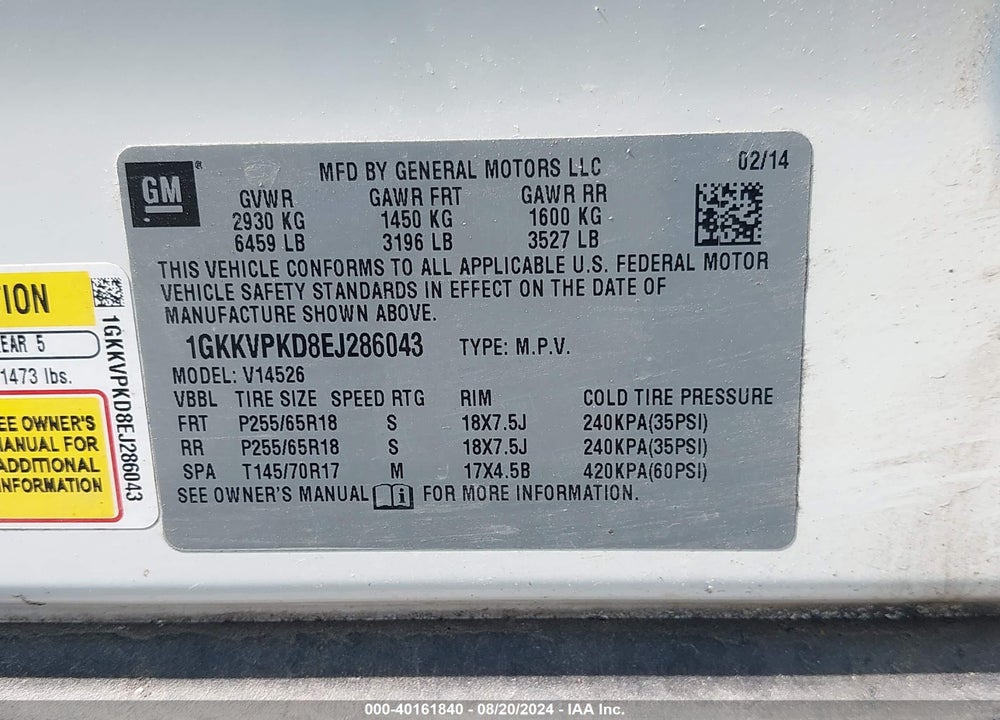 2014 GMC ACADIA SLE-2 VIN: 1GKKVPKD8EJ286043