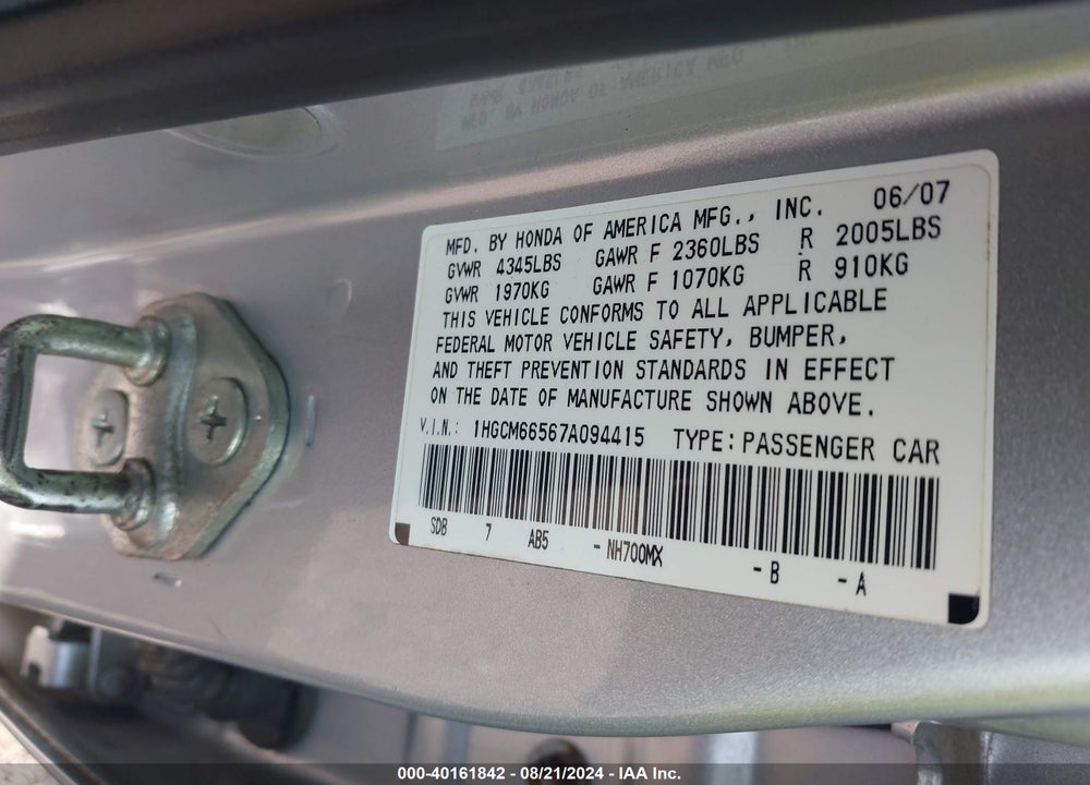 2007 HONDA ACCORD 3.0 EX VIN: 1HGCM66567A094415