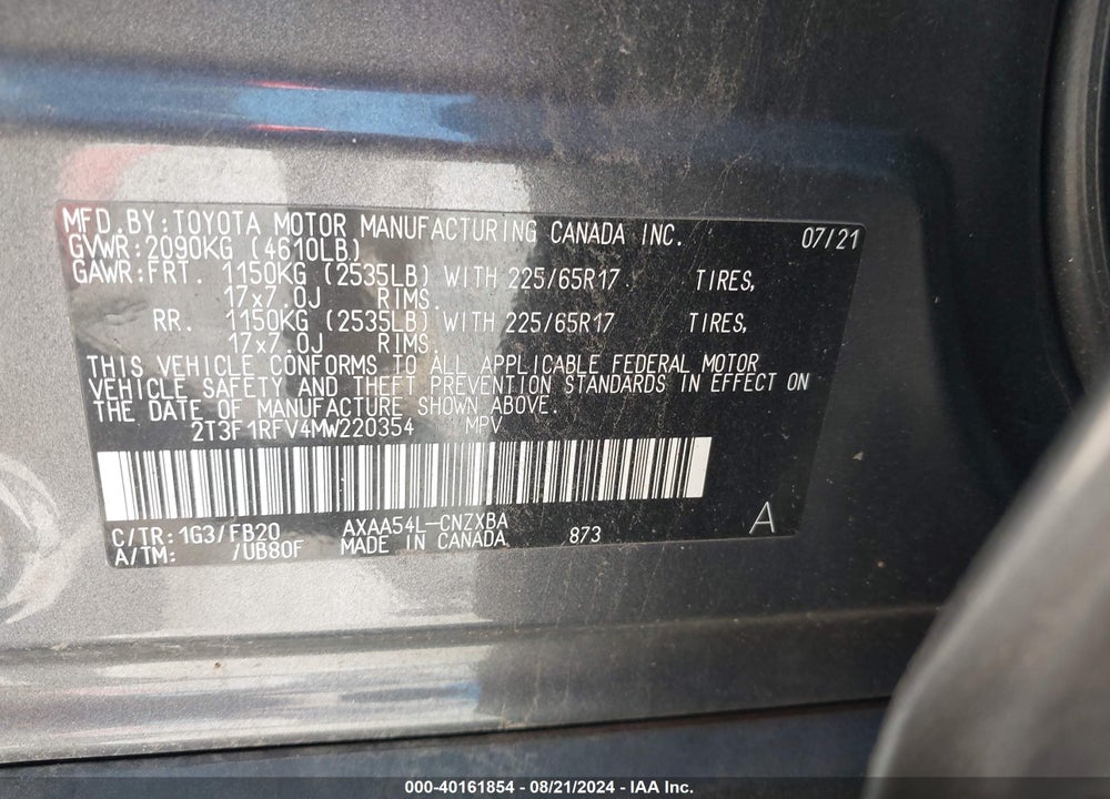 2021 TOYOTA RAV4 LE VIN: 2T3F1RFV4MW220354