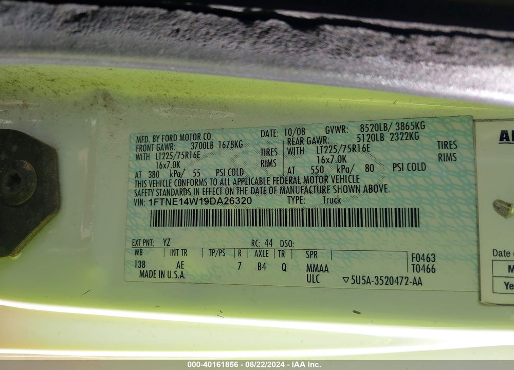 2009 FORD E-150 COMMERCIAL VIN: 1FTNE14W19DA26320