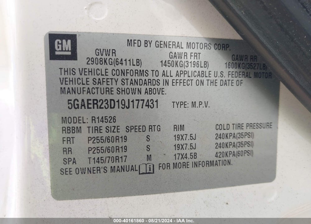 2009 BUICK ENCLAVE CXL VIN: 5GAER23D19J177431
