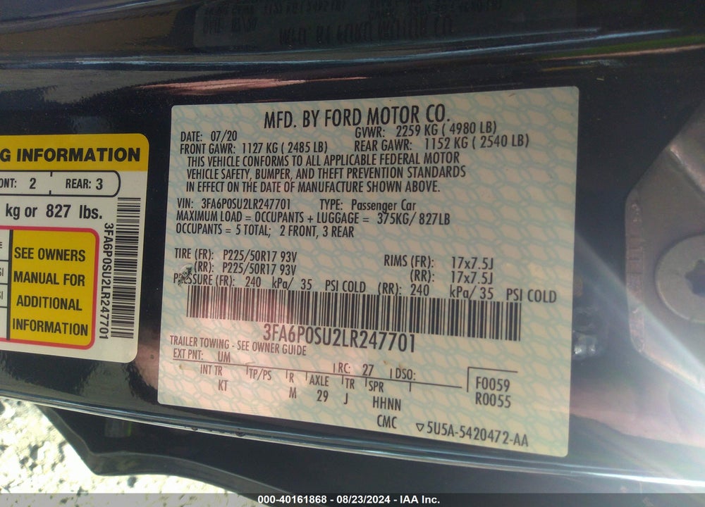 2020 FORD FUSION PLUG-IN HYBRID TITANIUM VIN: 3FA6P0SU2LR247701