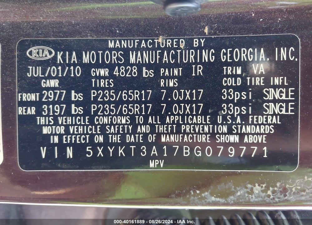 2011 KIA SORENTO LX VIN: 5XYKT3A17BG079771