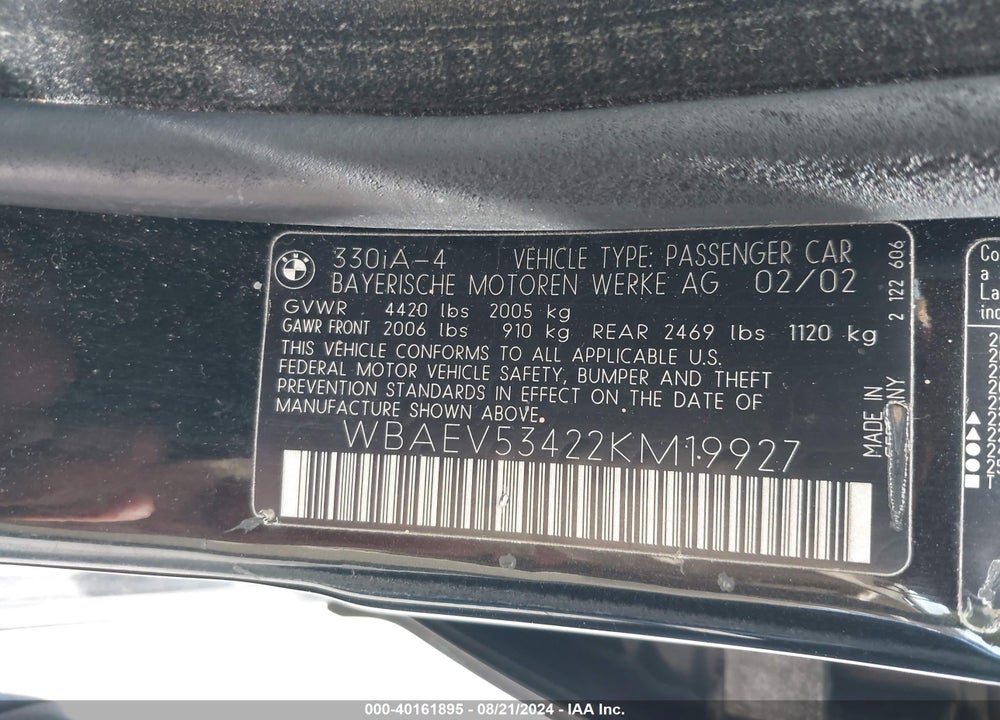 2002 BMW 330I VIN: WBAEV53422KM19927
