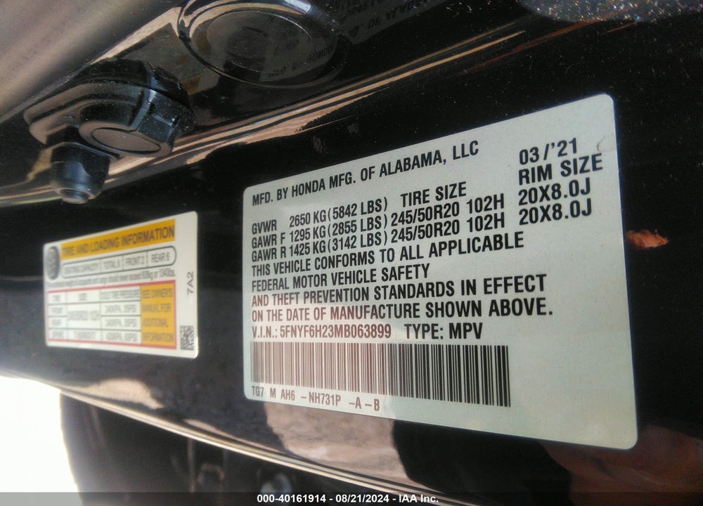 2021 HONDA PILOT AWD SPECIAL EDITION VIN: 5FNYF6H23MB063899