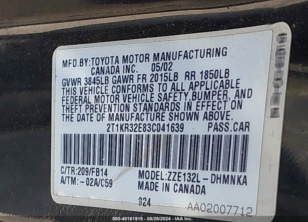 2003 TOYOTA MATRIX/XR VIN: 2T1KR32E83C041639