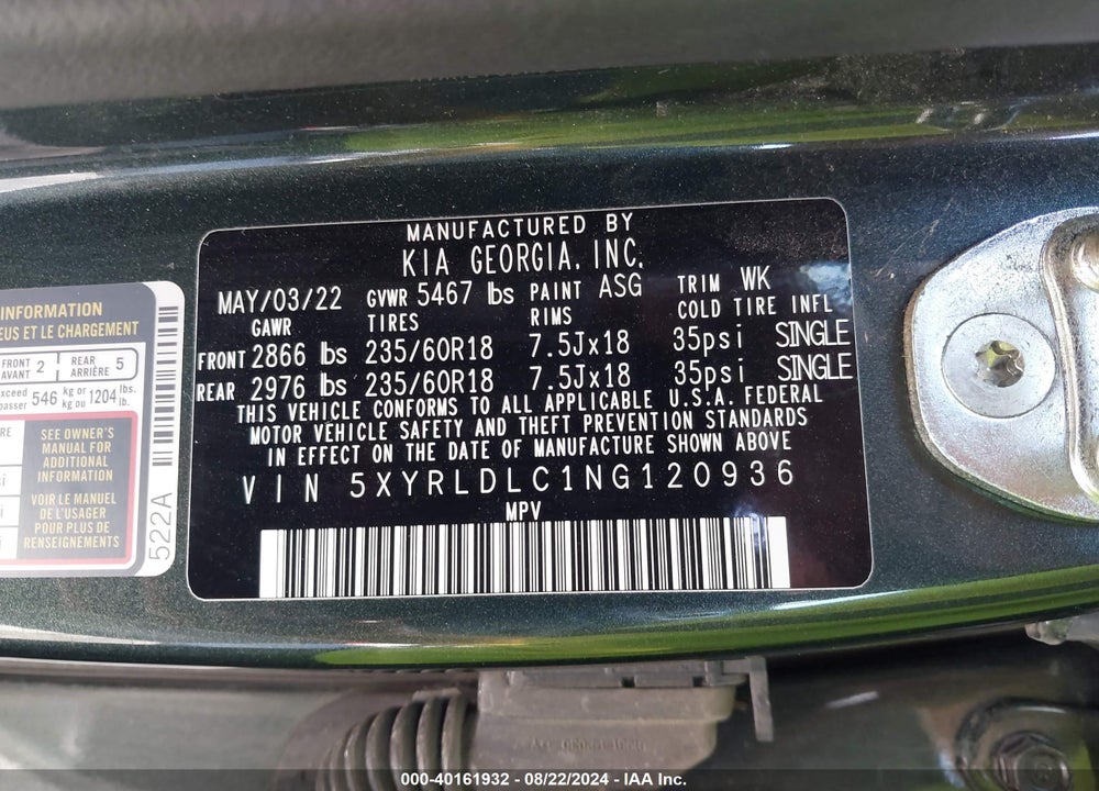 2022 KIA SORENTO X-LINE S VIN: 5XYRLDLC1NG120936