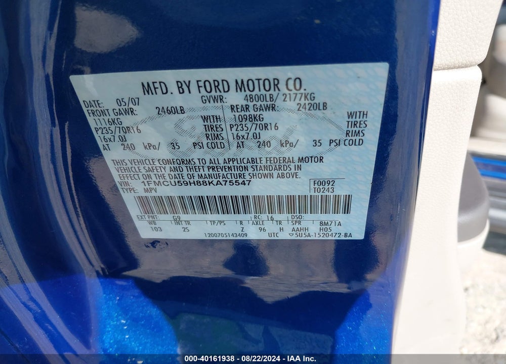 2008 FORD ESCAPE HYBRID VIN: 1FMCU59H88KA75547