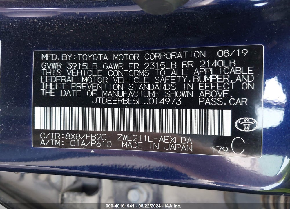 2020 TOYOTA COROLLA HYBRID LE VIN: JTDEBRBE5LJ014973