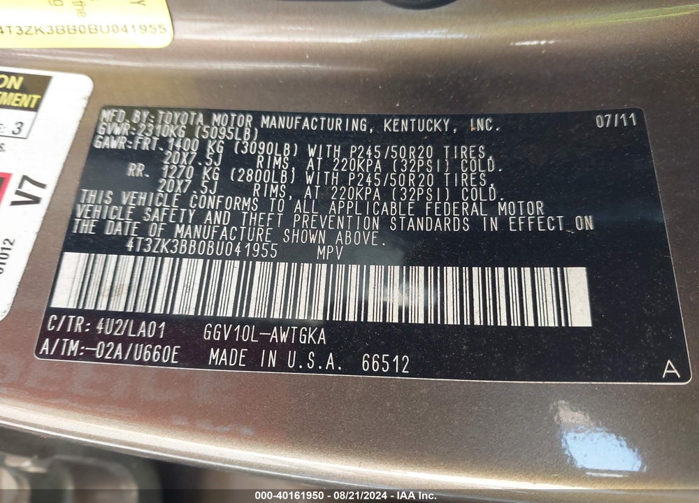 2011 TOYOTA VENZA BASE V6 VIN: 4T3ZK3BB0BU041955