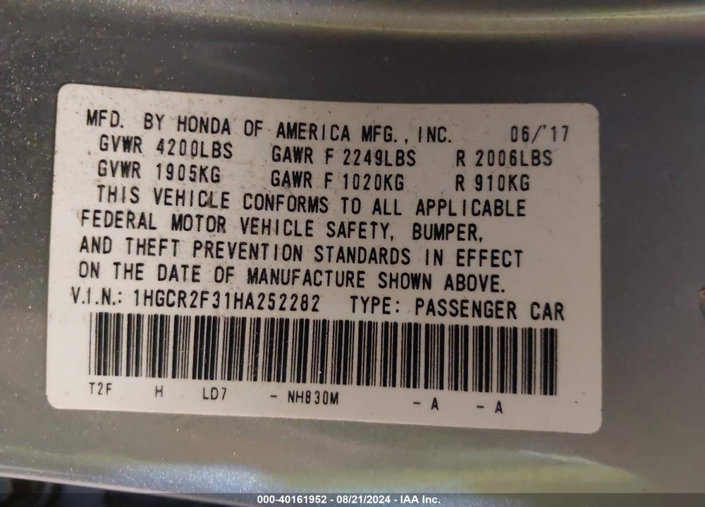 2017 HONDA ACCORD VIN: 1HGCR2F31HA252282