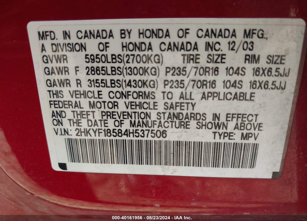 2004 HONDA PILOT VIN: 2HKYF18584H537506