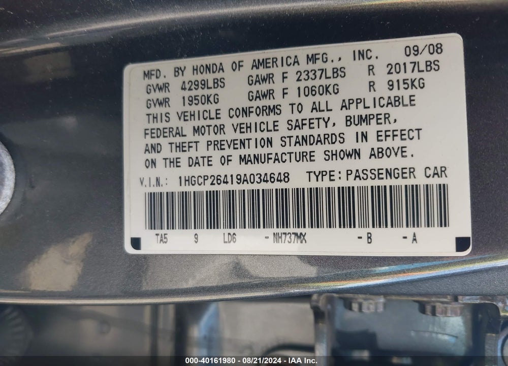 2009 HONDA ACCORD 2.4 LX-P VIN: 1HGCP26419A034648