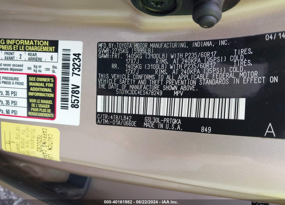 2014 TOYOTA SIENNA XLE V6 8 PASSENGER VIN: 5TDYK3DC4ES478249