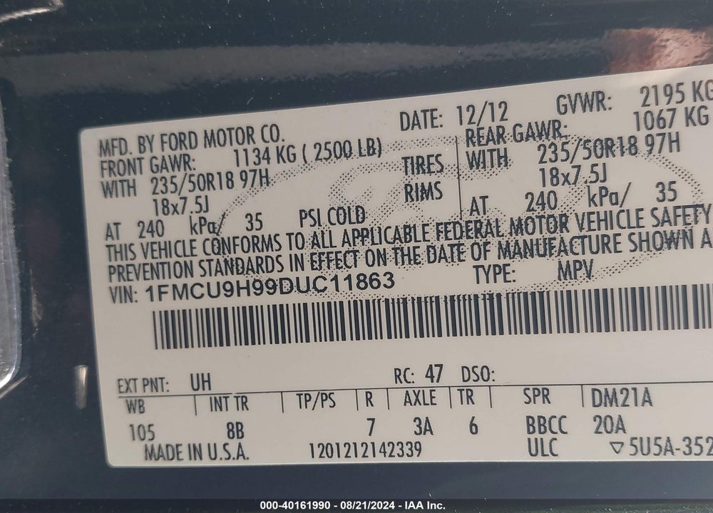 2013 FORD ESCAPE SEL VIN: 1FMCU9H99DUC11863