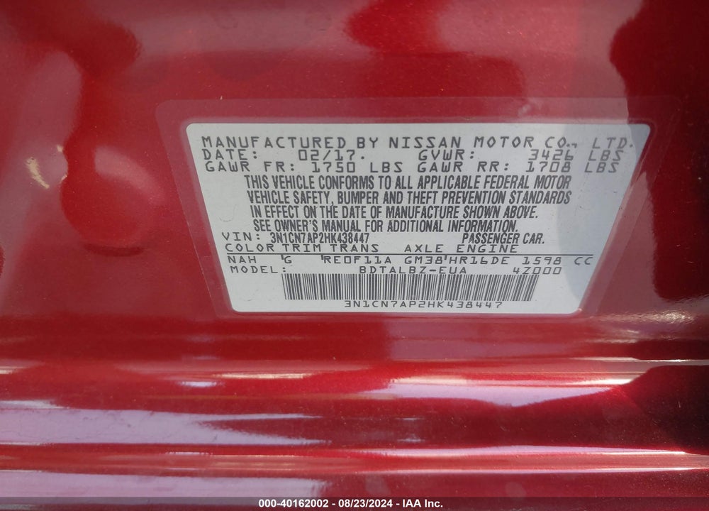 2017 NISSAN VERSA 1.6 SV VIN: 3N1CN7AP2HK438447