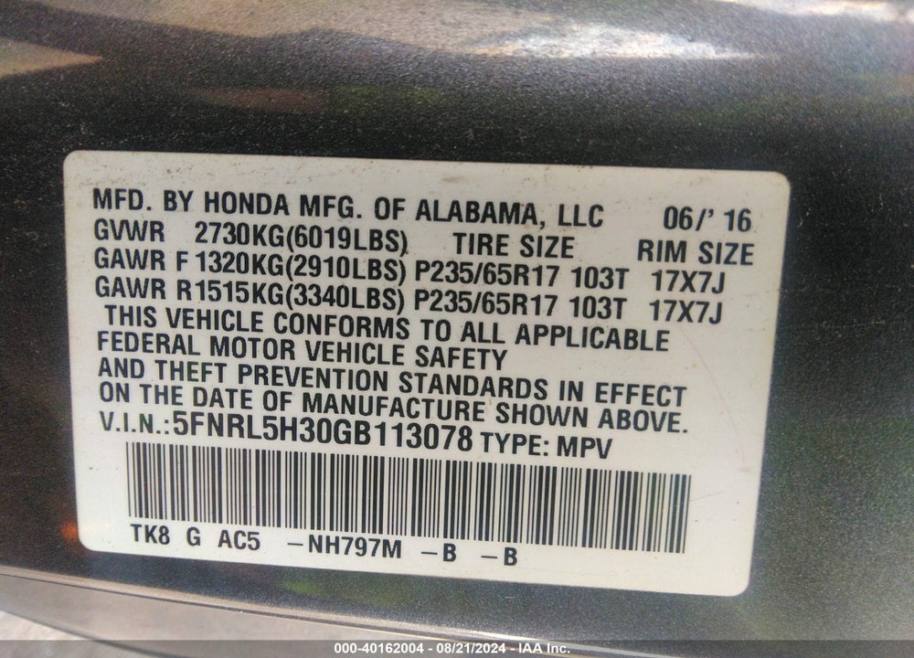 2016 HONDA ODYSSEY SE VIN: 5FNRL5H30GB113078
