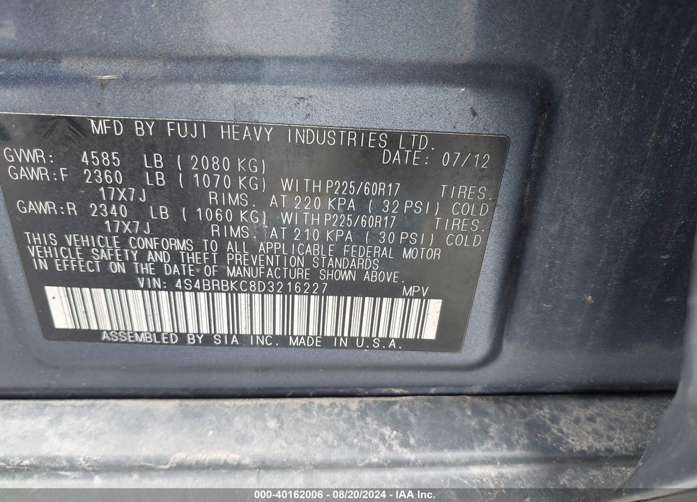 2013 SUBARU OUTBACK 2.5I LIMITED VIN: 4S4BRBKC8D3216227