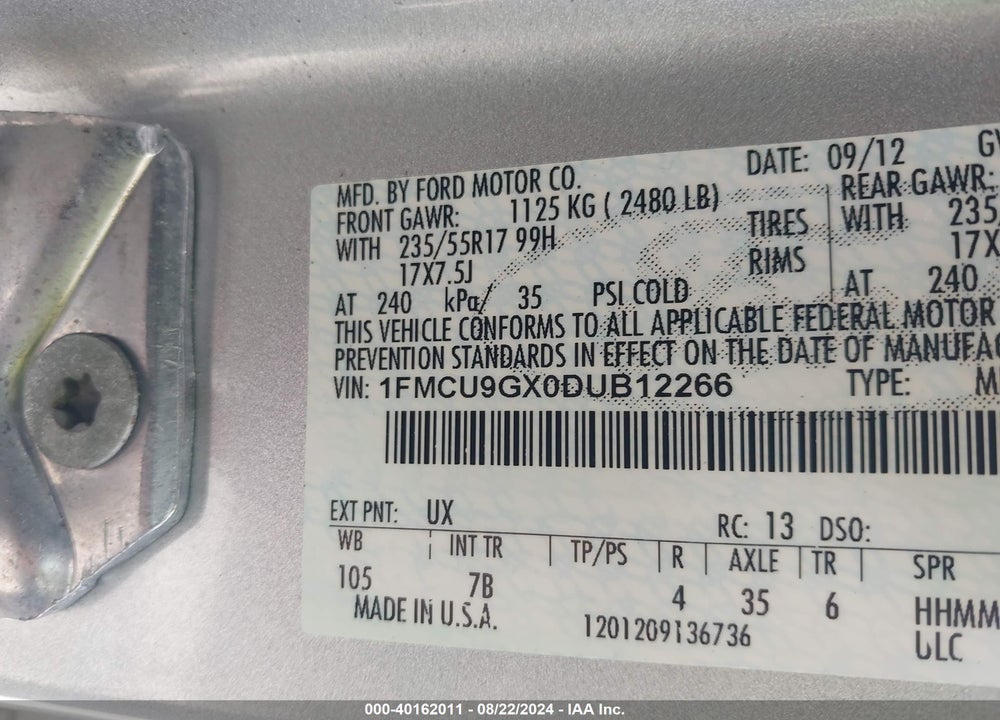 2013 FORD ESCAPE SE VIN: 1FMCU9GX0DUB12266