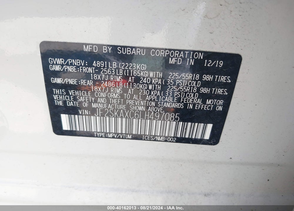 2020 SUBARU FORESTER TOURING VIN: JF2SKAXC6LH497085