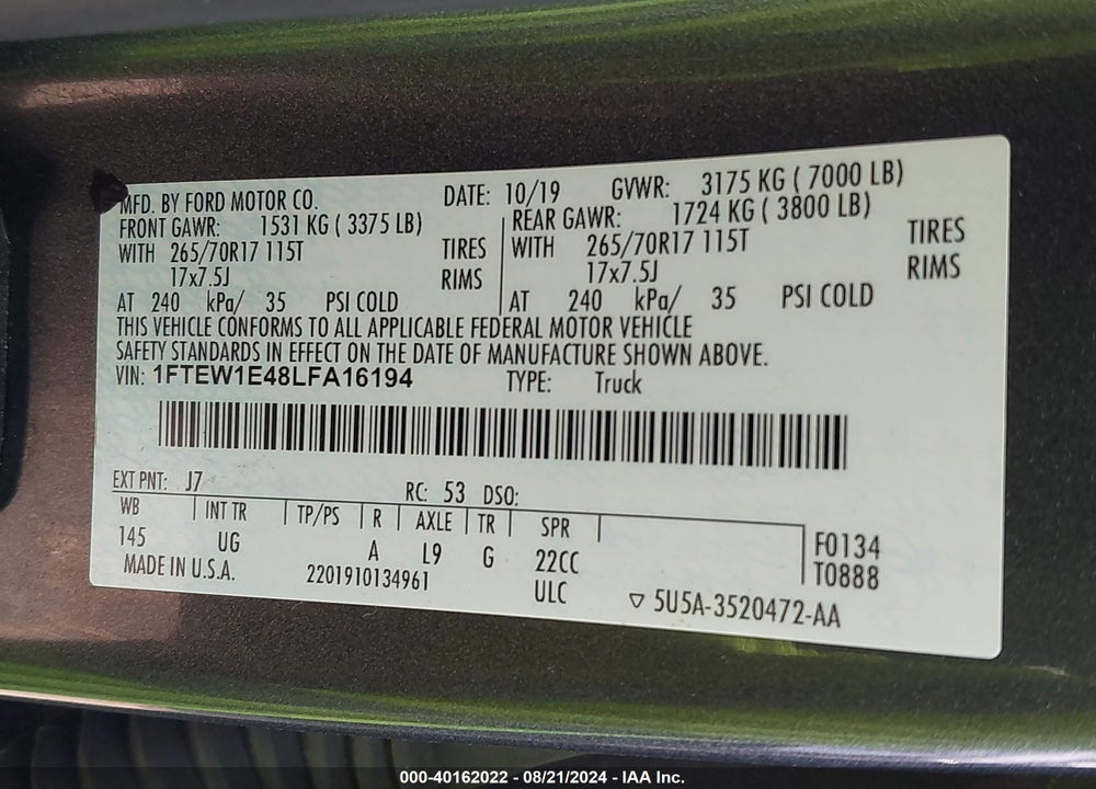 2020 FORD F-150 XLT VIN: 1FTEW1E48LFA16194