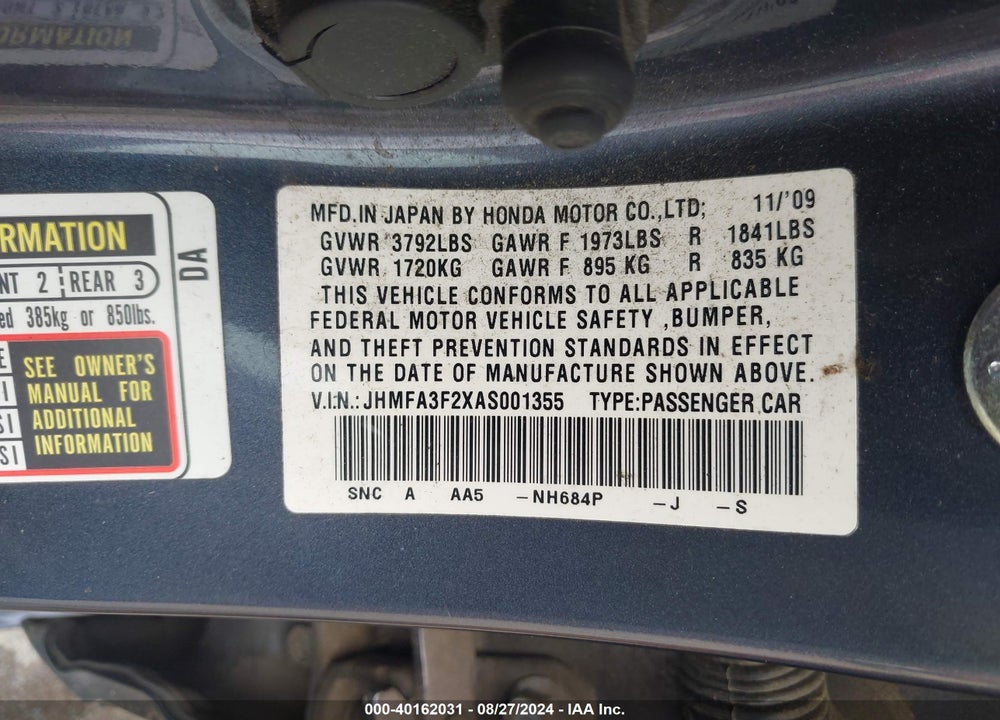 2010 HONDA CIVIC HYBRID VIN: JHMFA3F2XAS001355