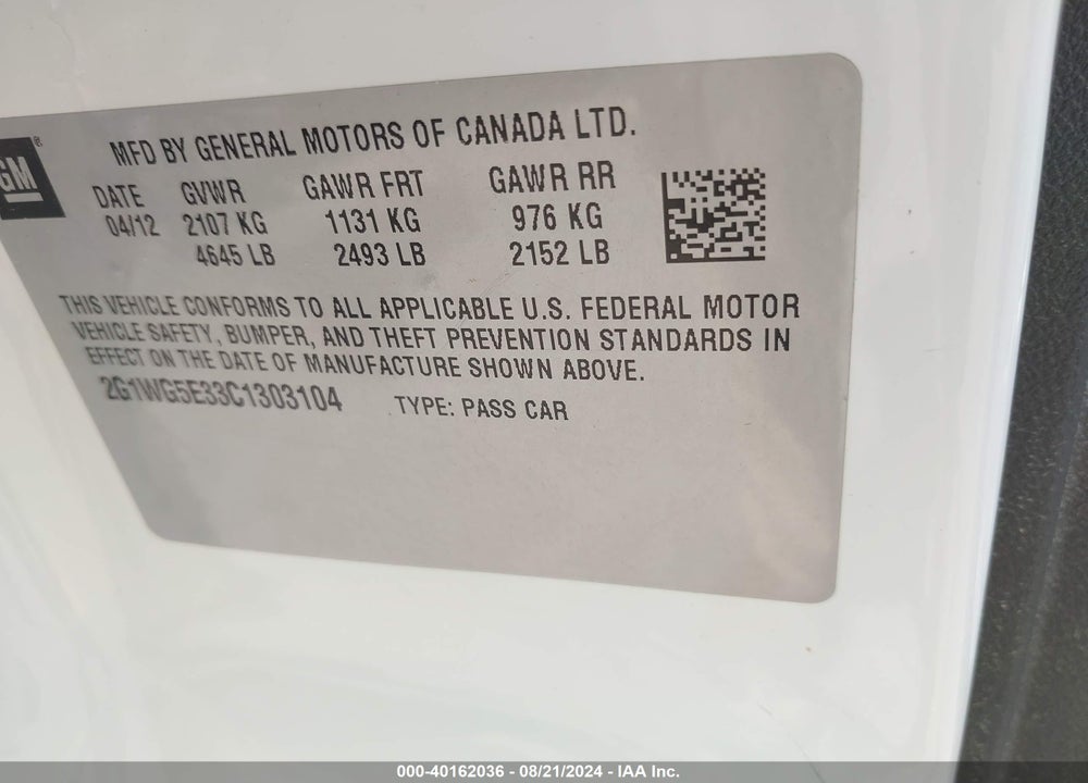 2012 CHEVROLET IMPALA LT VIN: 2G1WG5E33C1303104