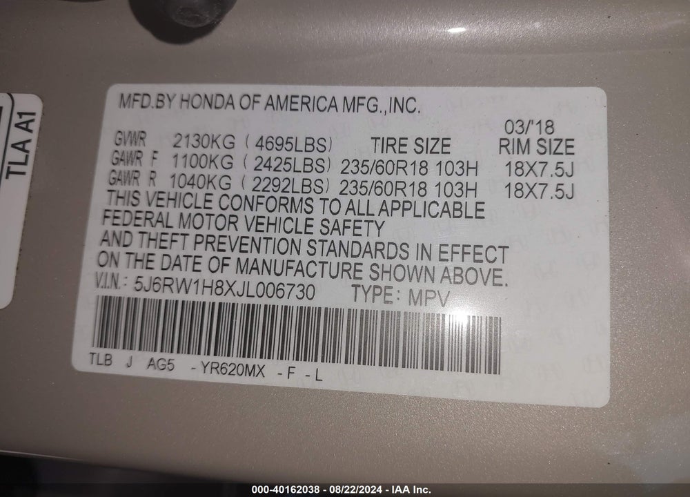 2018 HONDA CR-V EX-L/EX-L NAVI VIN: 5J6RW1H8XJL006730