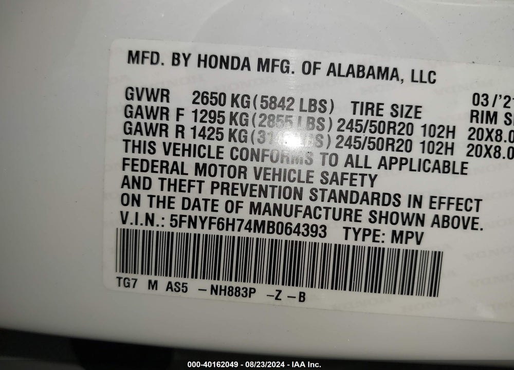 2021 HONDA PILOT AWD BLACK EDITION VIN: 5FNYF6H74MB064393