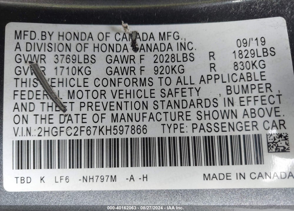 2019 HONDA CIVIC LX VIN: 2HGFC2F67KH597866