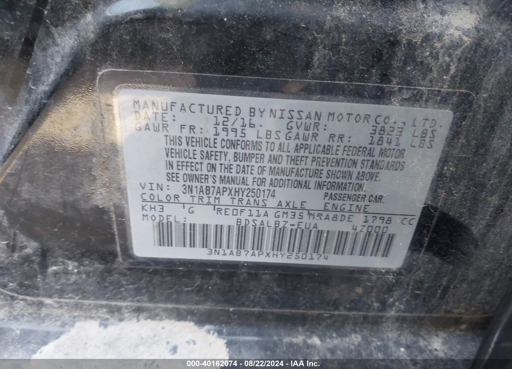 2017 NISSAN SENTRA S VIN: 3N1AB7APXHY250174