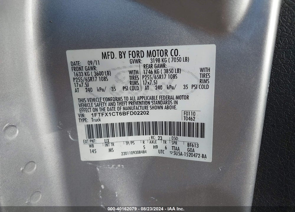 2011 FORD F-150 XLT VIN: 1FTFX1CT6BFD02202