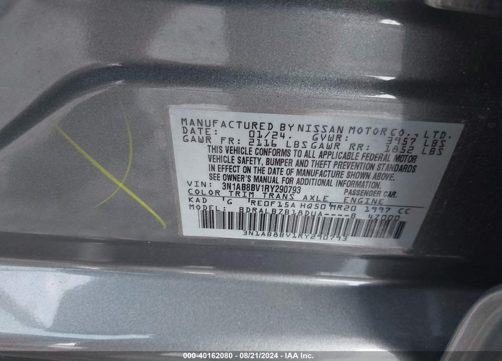 2024 NISSAN SENTRA S XTRONIC CVT VIN: 3N1AB8BV1RY290793