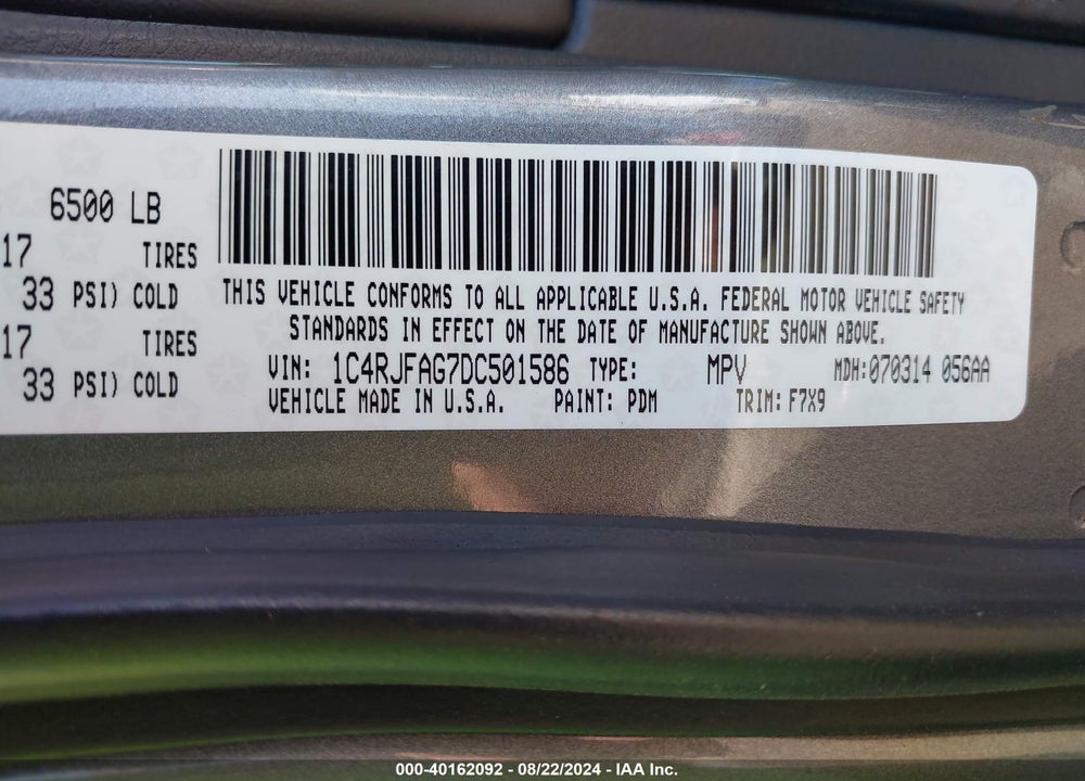 2013 JEEP GRAND CHEROKEE LAREDO VIN: 1C4RJFAG7DC501586