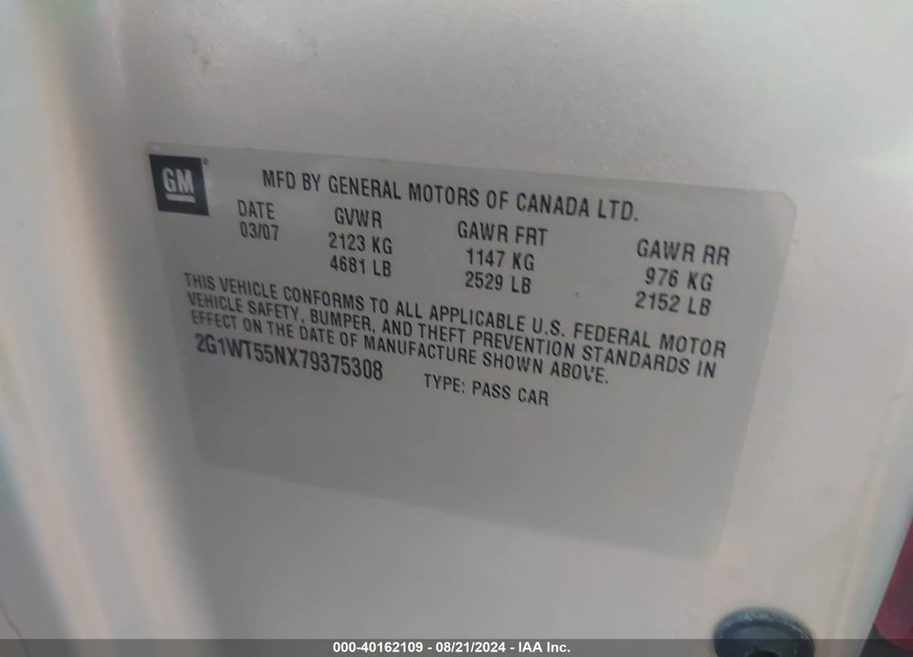 2007 CHEVROLET IMPALA LT VIN: 2G1WT55NX79375308