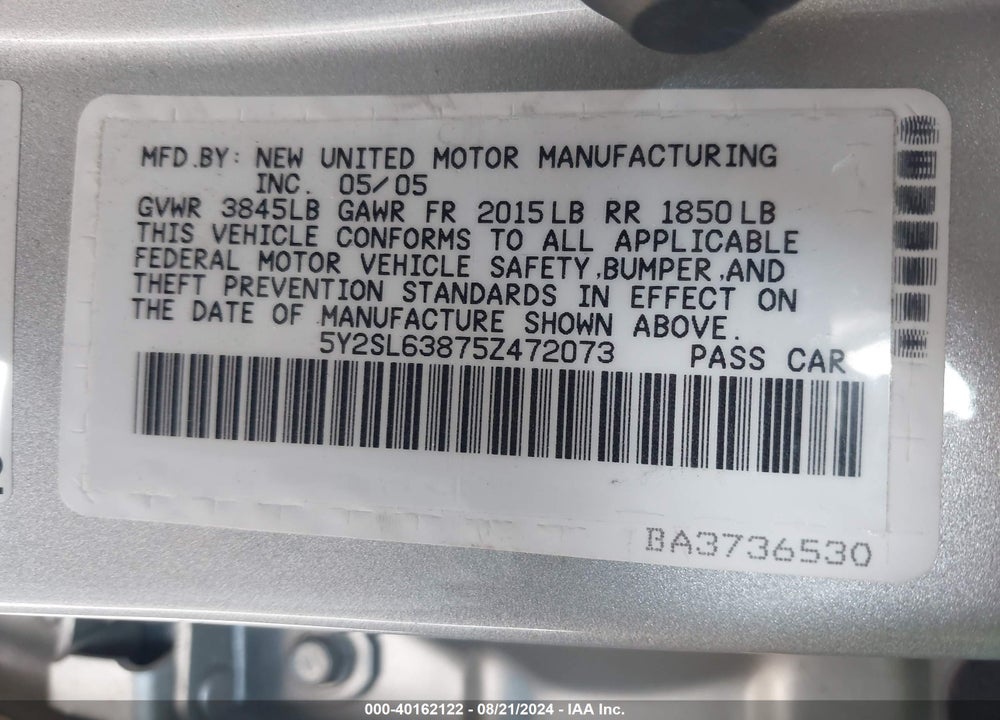 2005 PONTIAC VIBE VIN: 5Y2SL63875Z472073