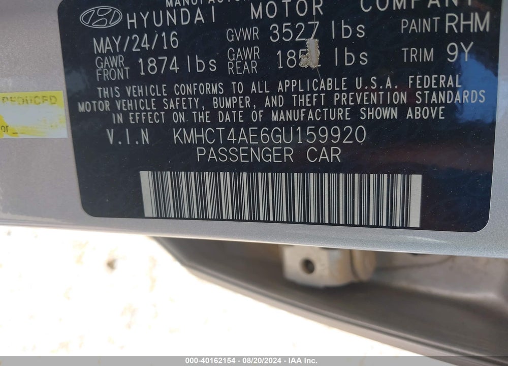 2016 HYUNDAI ACCENT SE VIN: KMHCT4AE6GU159920