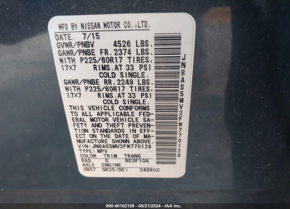 2015 NISSAN ROGUE SELECT S VIN: JN8AS5MV2FW770129