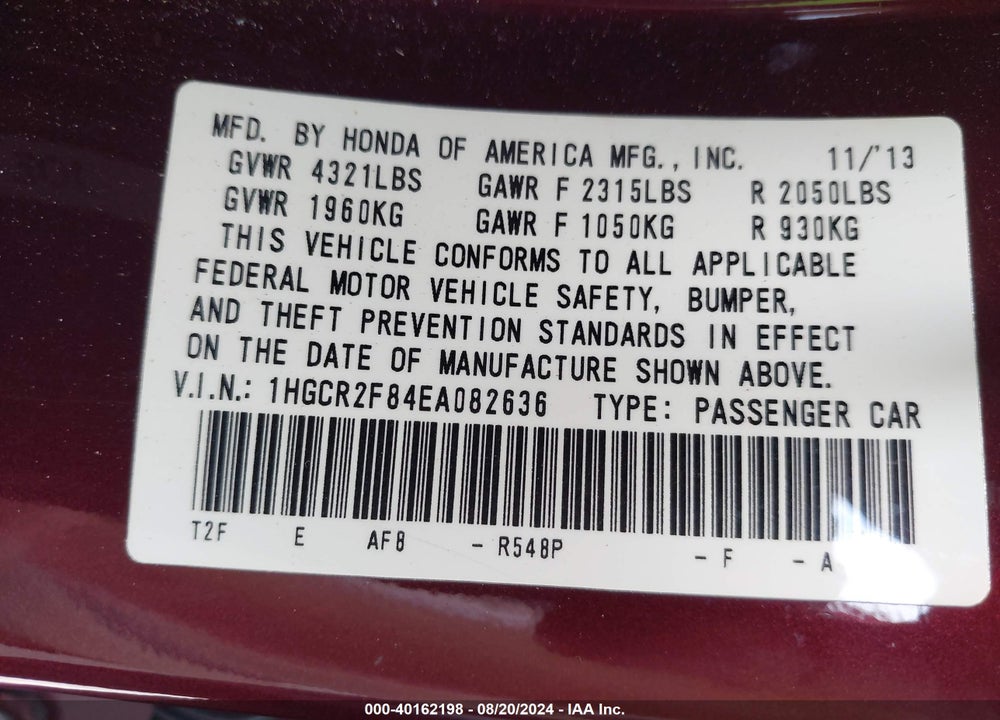 2014 HONDA ACCORD EX-L VIN: 1HGCR2F84EA082636