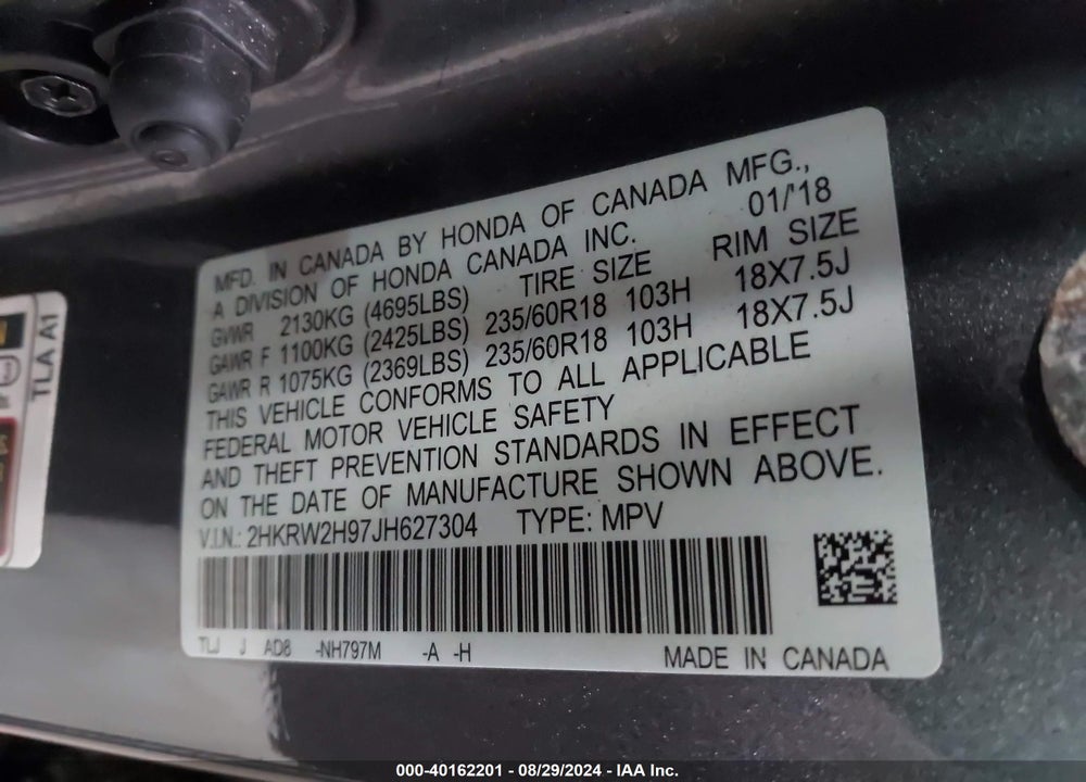 2018 HONDA CR-V TOURING VIN: 2HKRW2H97JH627304