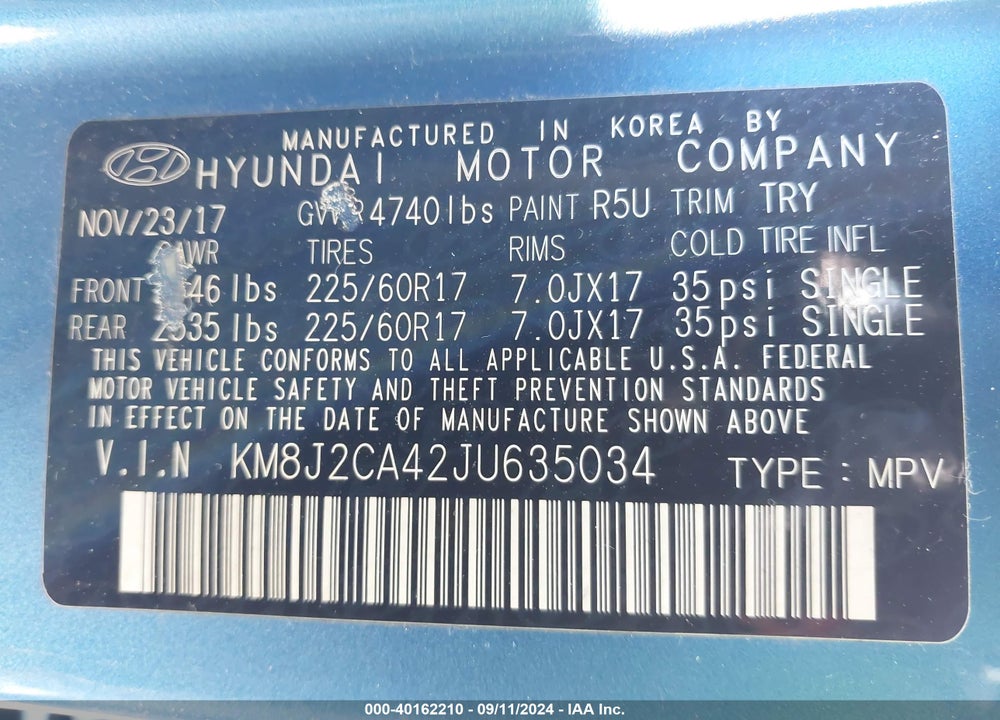 2018 HYUNDAI TUCSON SE VIN: KM8J2CA42JU635034