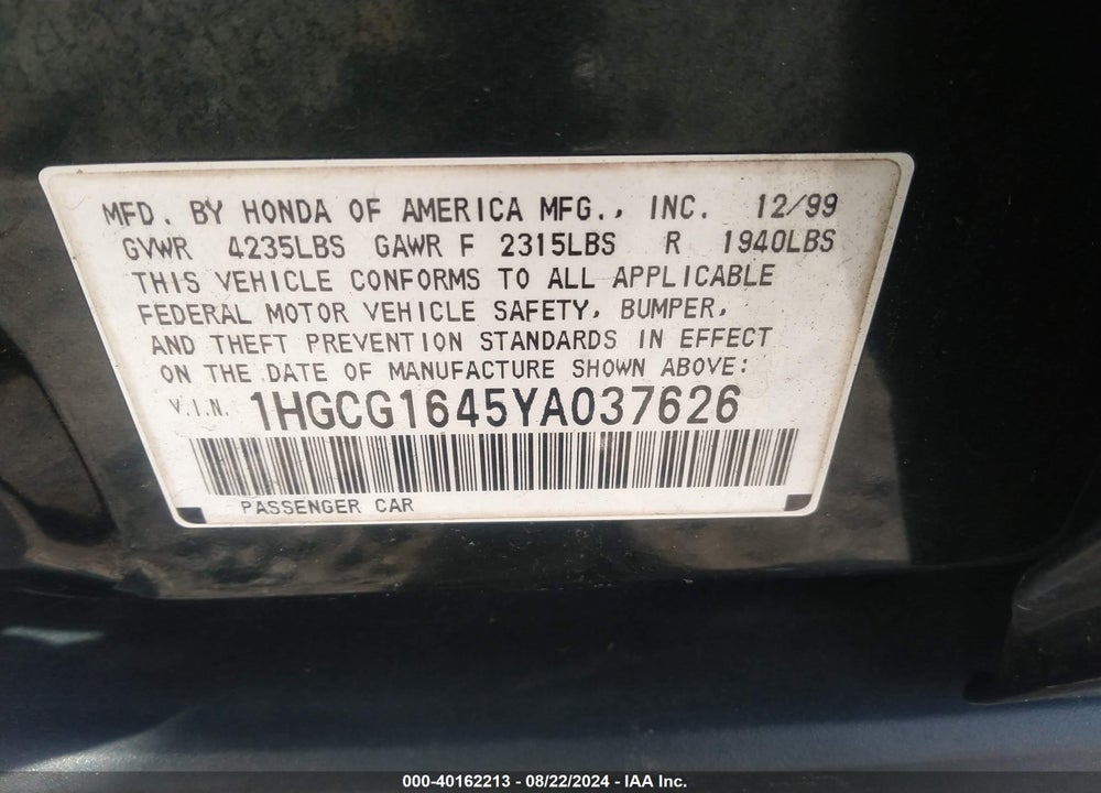 2000 HONDA ACCORD 3.0 LX VIN: 1HGCG1645YA037626