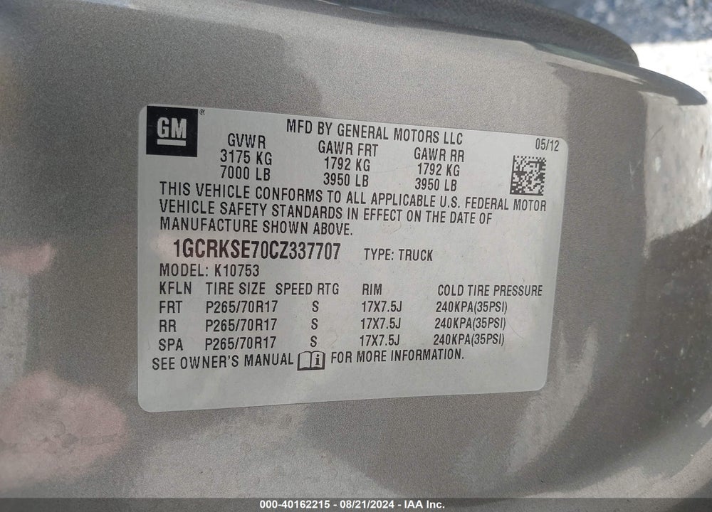 2012 CHEVROLET SILVERADO 1500 LT VIN: 1GCRKSE70CZ337707