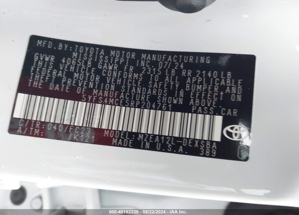 2024 TOYOTA COROLLA SE VIN: 5YFS4MCE5RP204761
