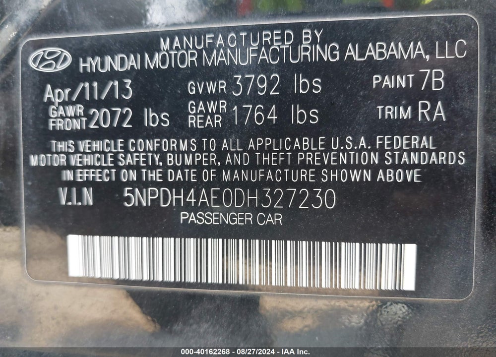 2013 HYUNDAI ELANTRA GLS VIN: 5NPDH4AE0DH327230