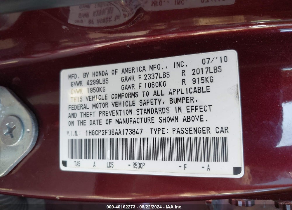 2010 HONDA ACCORD 2.4 LX VIN: 1HGCP2F36AA173847