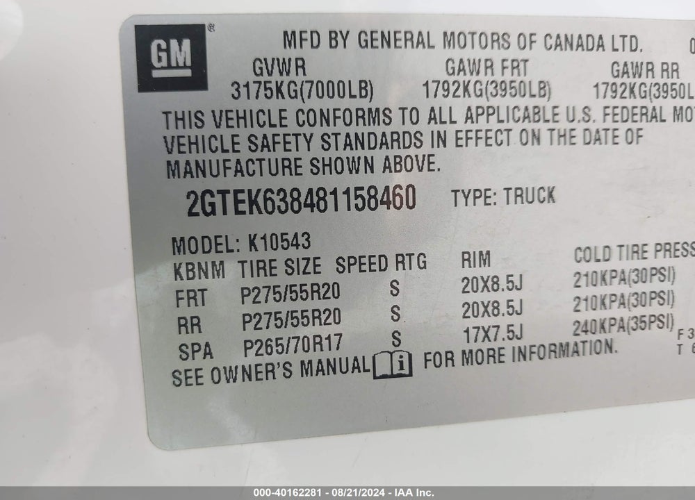 2008 GMC SIERRA 1500 DENALI VIN: 2GTEK638481158460