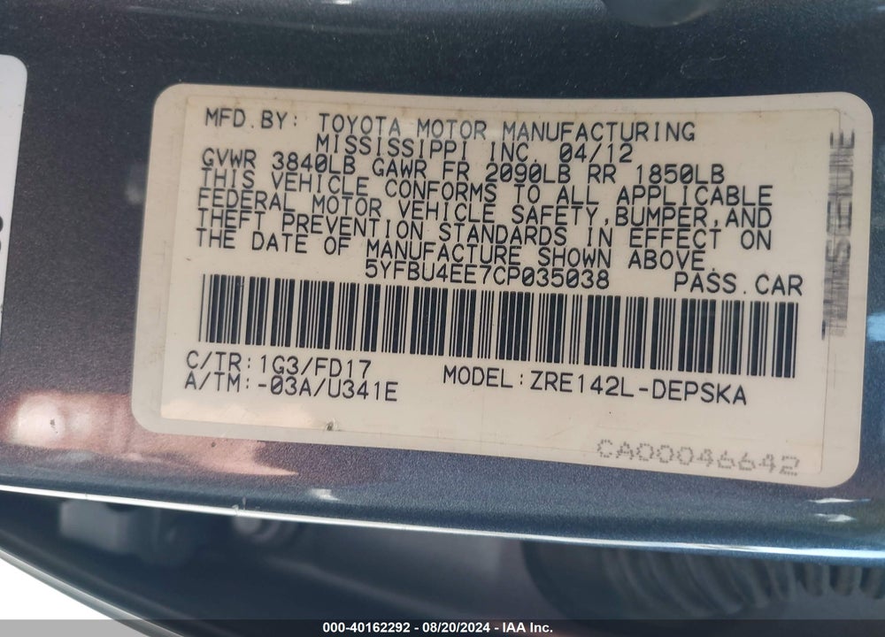 2012 TOYOTA COROLLA VIN: 5YFBU4EE7CP035038