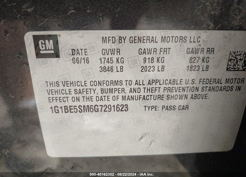 2016 CHEVROLET CRUZE LT AUTO VIN: 1G1BE5SM6G7291623
