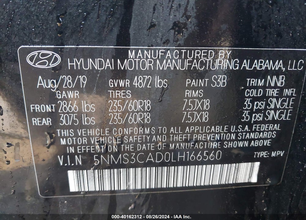 2020 HYUNDAI SANTA FE SEL VIN: 5NMS3CAD0LH166560